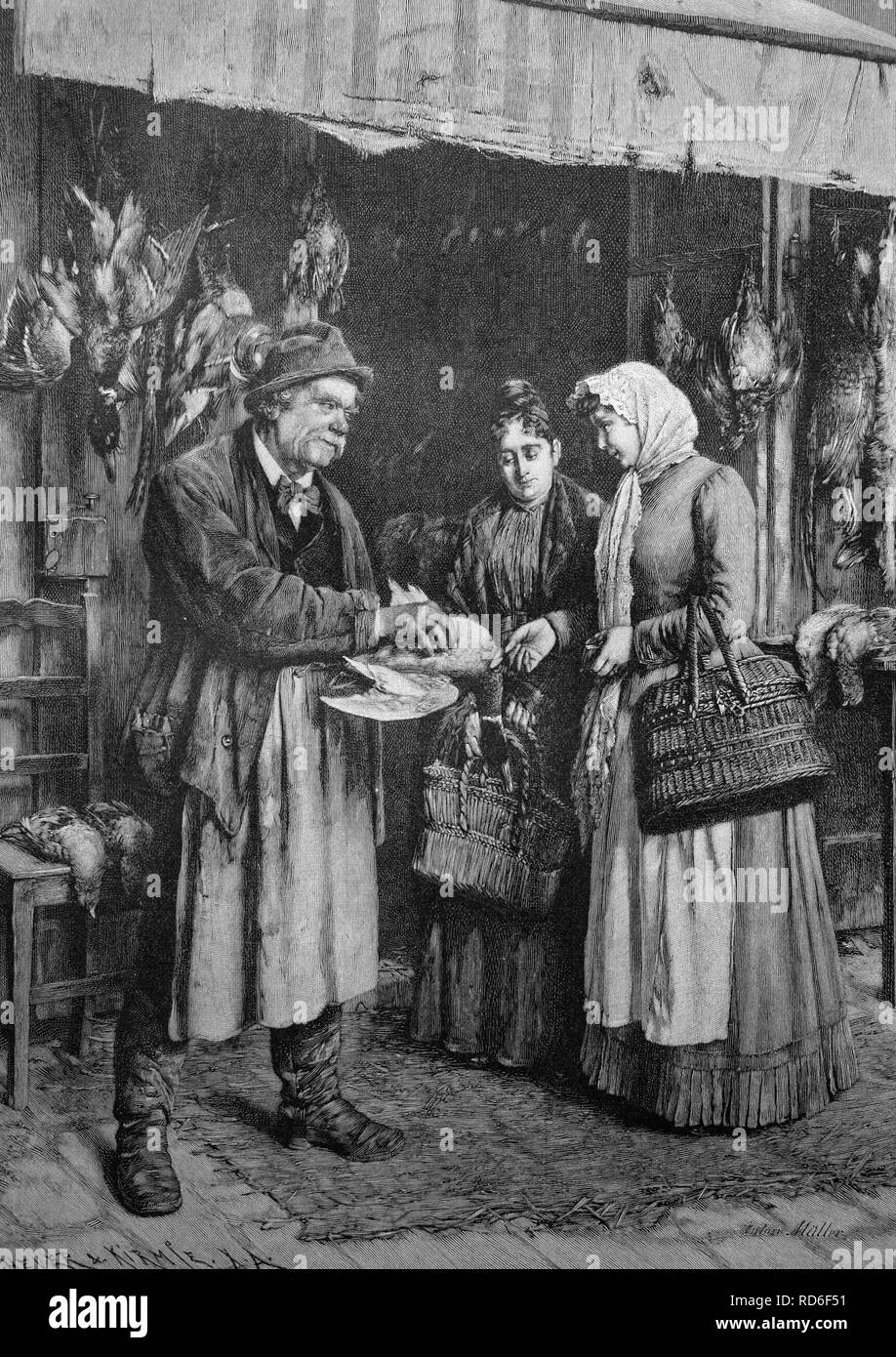 Poultry dealer, historical illustration, ca. 1893 Stock Photo