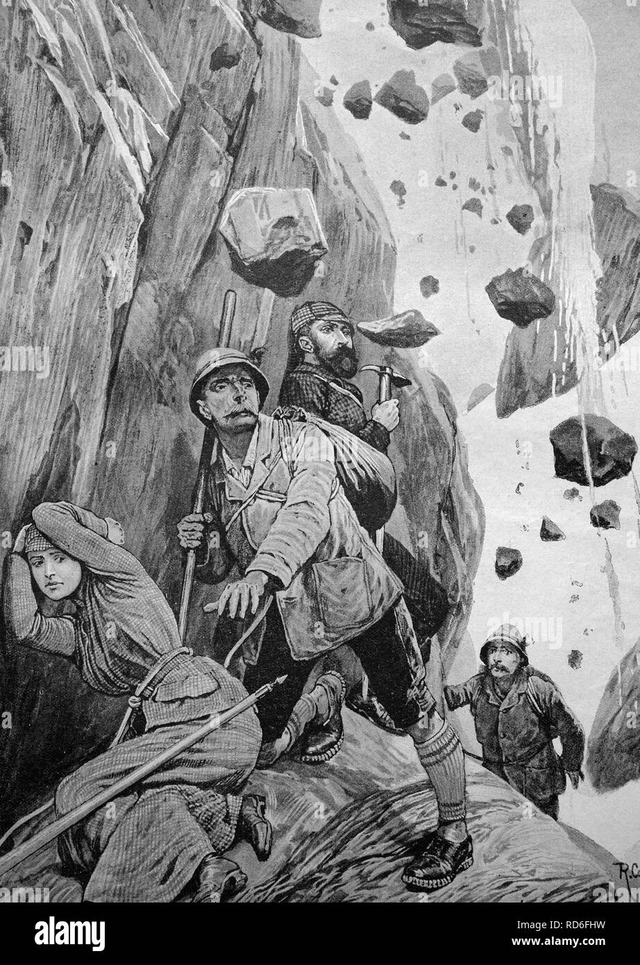 Mountain climbers surprised by a rock fall, historical illustration, ca. 1893 Stock Photo