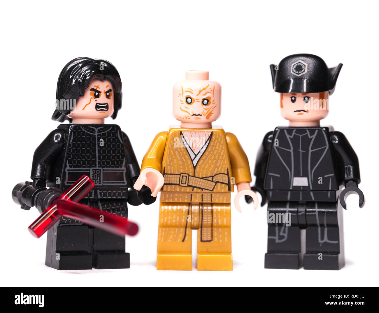 RUSSIAN, SAMARA - JANUARY 17, 2019. LEGO STAR WARS. Minifigures Star Wars Characters - Episode 8, Kylo Ren, Snoke, Hux Stock Photo