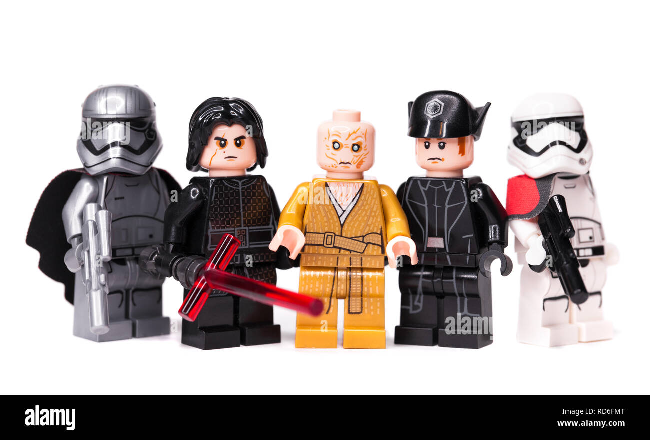 RUSSIAN, SAMARA - JANUARY 17, 2019. LEGO STAR WARS. Minifigures Star Wars Characters - Episode 8, Kylo Ren, Phasma, Snoke, Hux Stock Photo