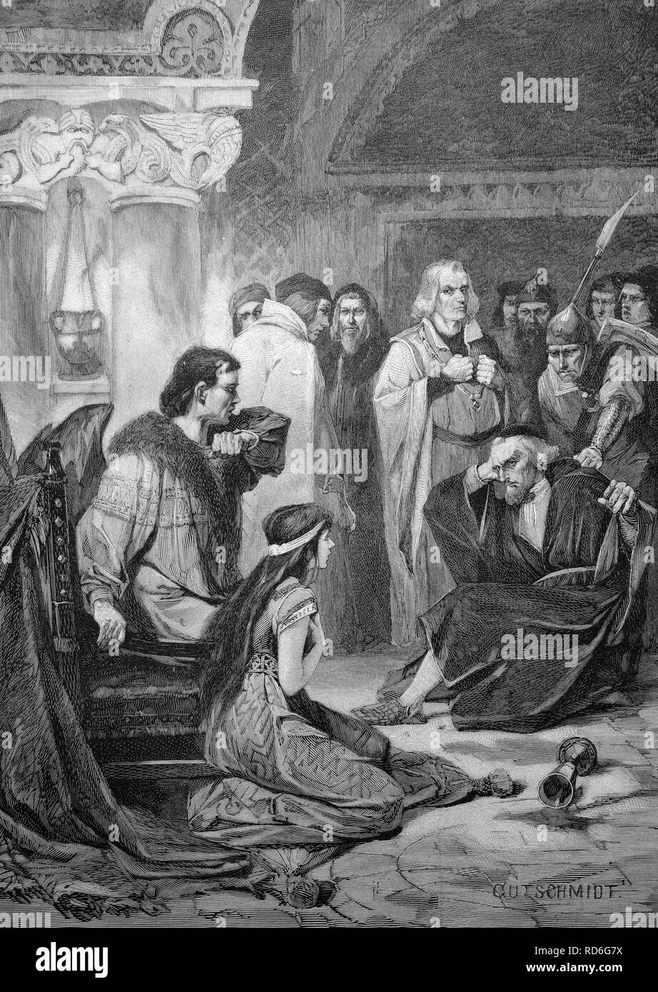 Emperor Frederick II forcing a doctor to drink from a goblet, historical illustration, ca. 1893 Stock Photo