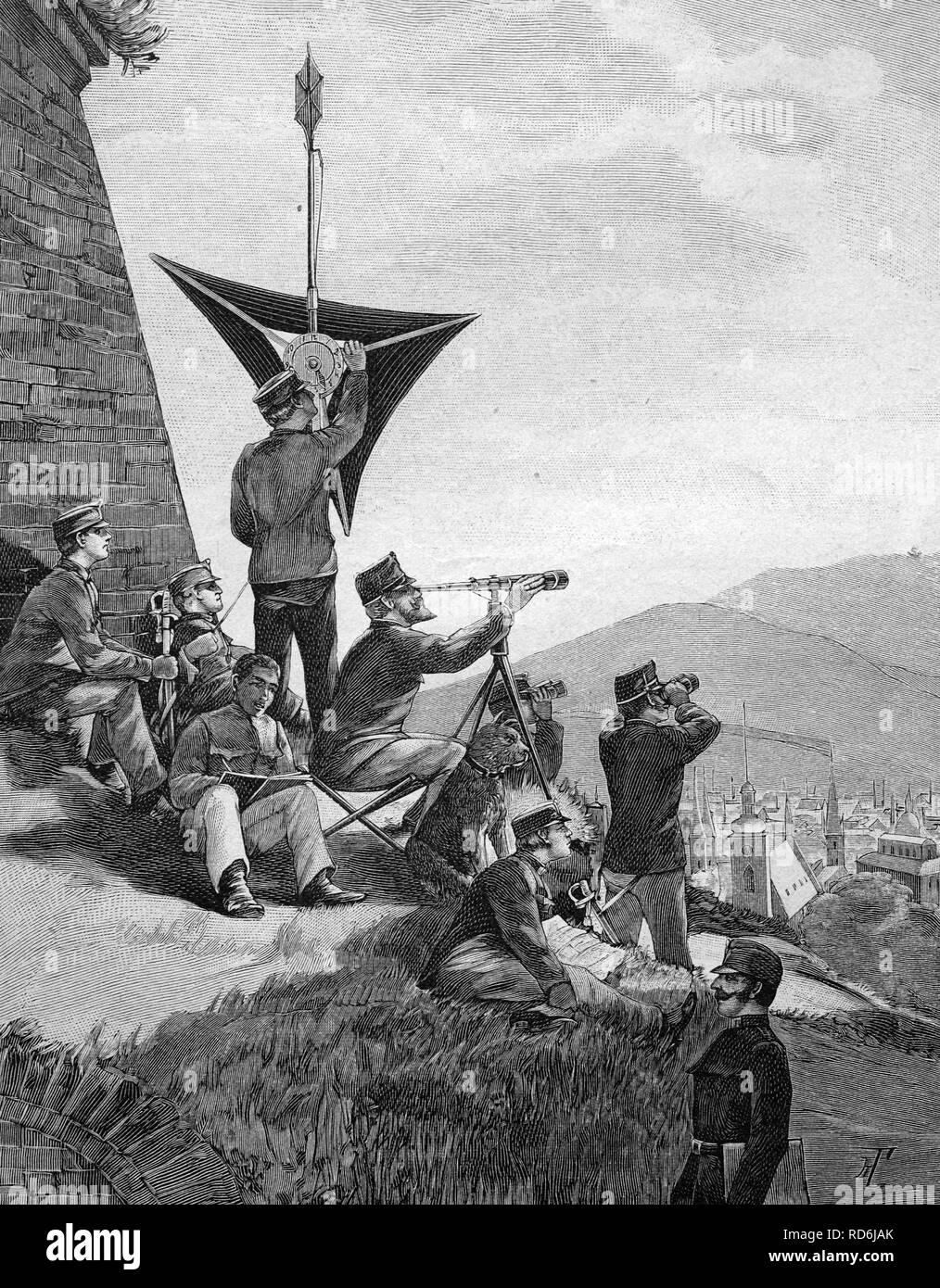 Exercise of a signal department in the Austrian army, historical illustration circa 1893 Stock Photo