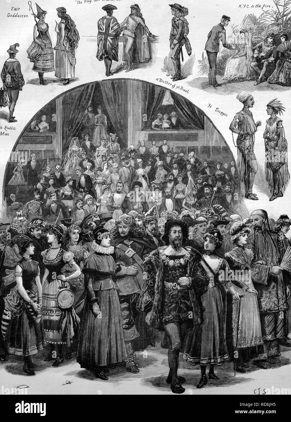 Fancy dress ball at the Royal Albert Hall for the benefit of Bolingbroke House, London, England, historical illustration, 1884 Stock Photo