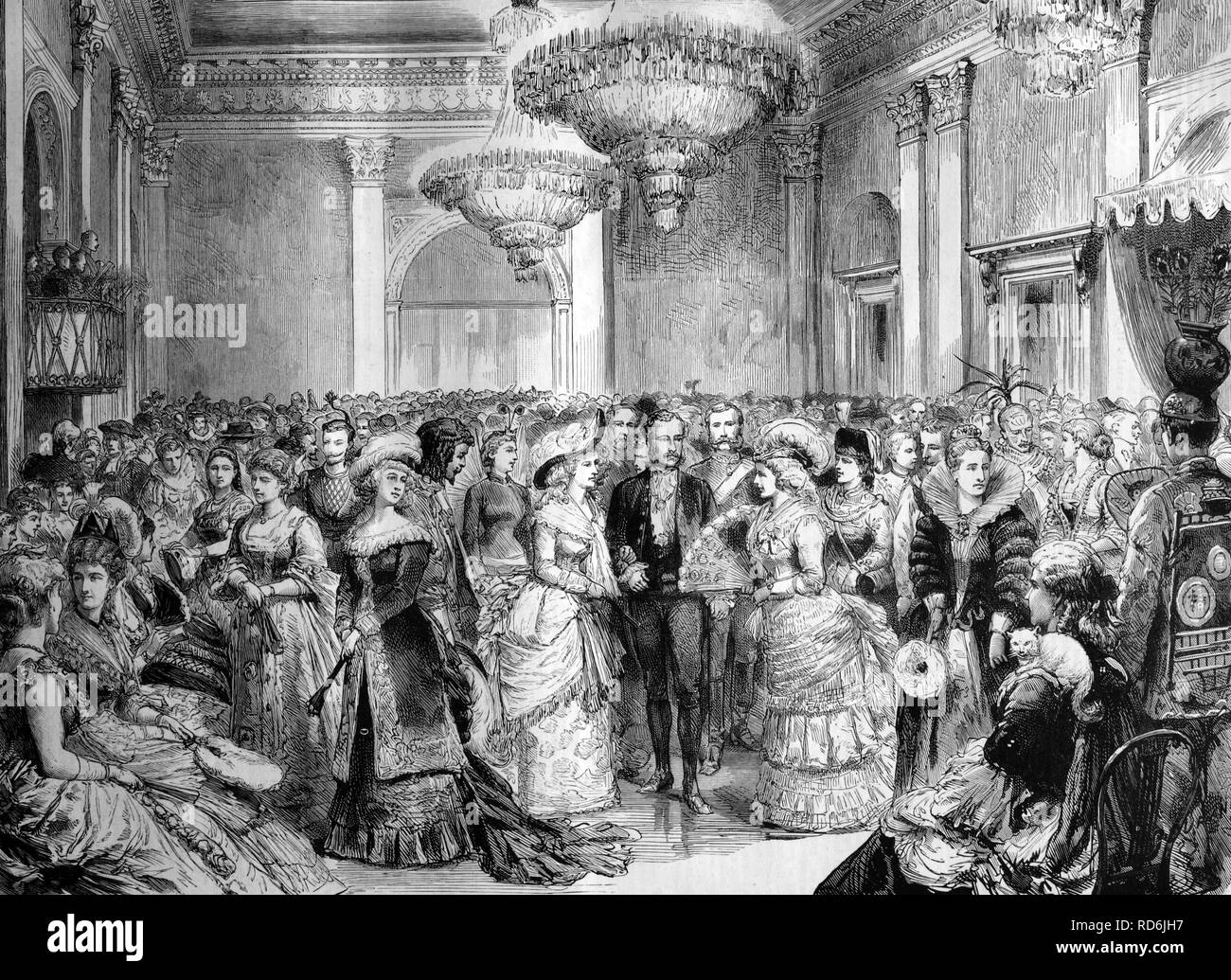 Fancy dress ball given by the mayor of Liverpool in the town hall, England, historical illustration, 1884 Stock Photo