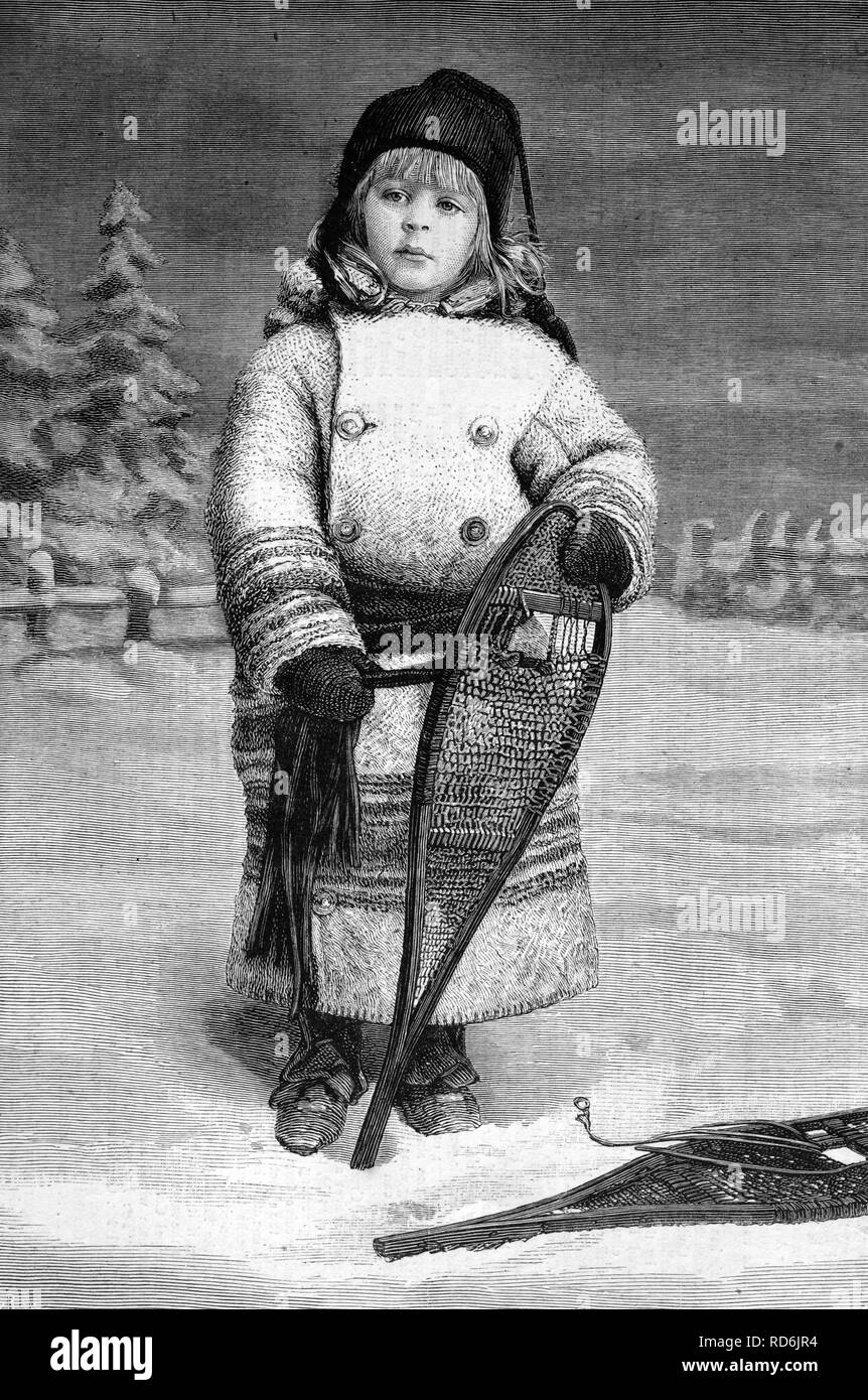 Canadian girl with snowshoes, historic image, 1883 Stock Photo