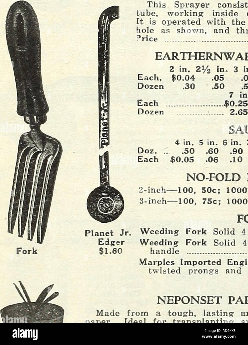 . Currie Bros. : fifty-eighth year 1933. Flowers Seeds Catalogs; Bulbs (Plants) Seeds Catalogs; Vegetables Seeds Catalogs; Nurseries (Horticulture) Catalogs; Plants, Ornamental Catalogs; Gardening Equipment and supplies Catalogs. This Sprayer consists of one seamless brass tube, working inside of an outer brass tube. It is operated with the finger, through the loop- hole as shown, and throws a fine, misty spray. &quot;rice $1.25 EARTHERNWARE FLOWER POTS 8 in. 9 In. 10 In. 3S .50 .70 3.50 5.50 7.50 SAUCERS S In. 7 In. S In. 9 in. 10 in. 12 In: .90 1.20 1.60 2.25 2.85 4.50 .15 .20 .25 .40 0 .12  Stock Photo