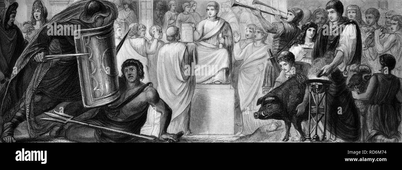 Cultural history of ancient Rome, from left: gladiators, court session, public offering, historical illustration Stock Photo
