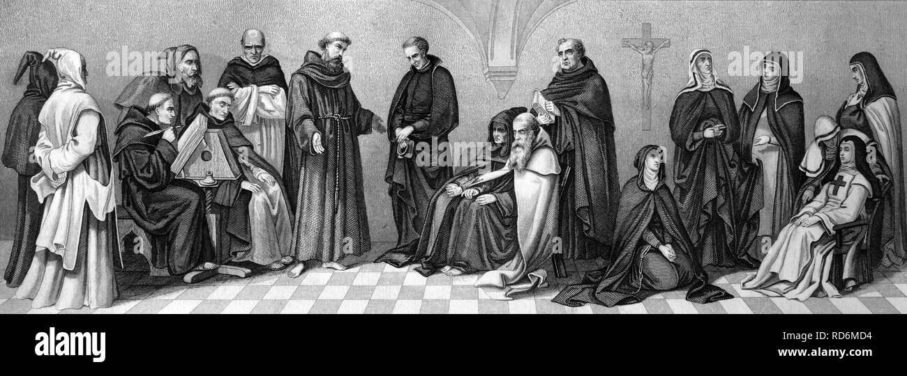 Cultural history of the religious orders, from left: Carthusians, Benedictines, Capuchins, zwei Dominicans, Franciscan, Jesuit Stock Photo