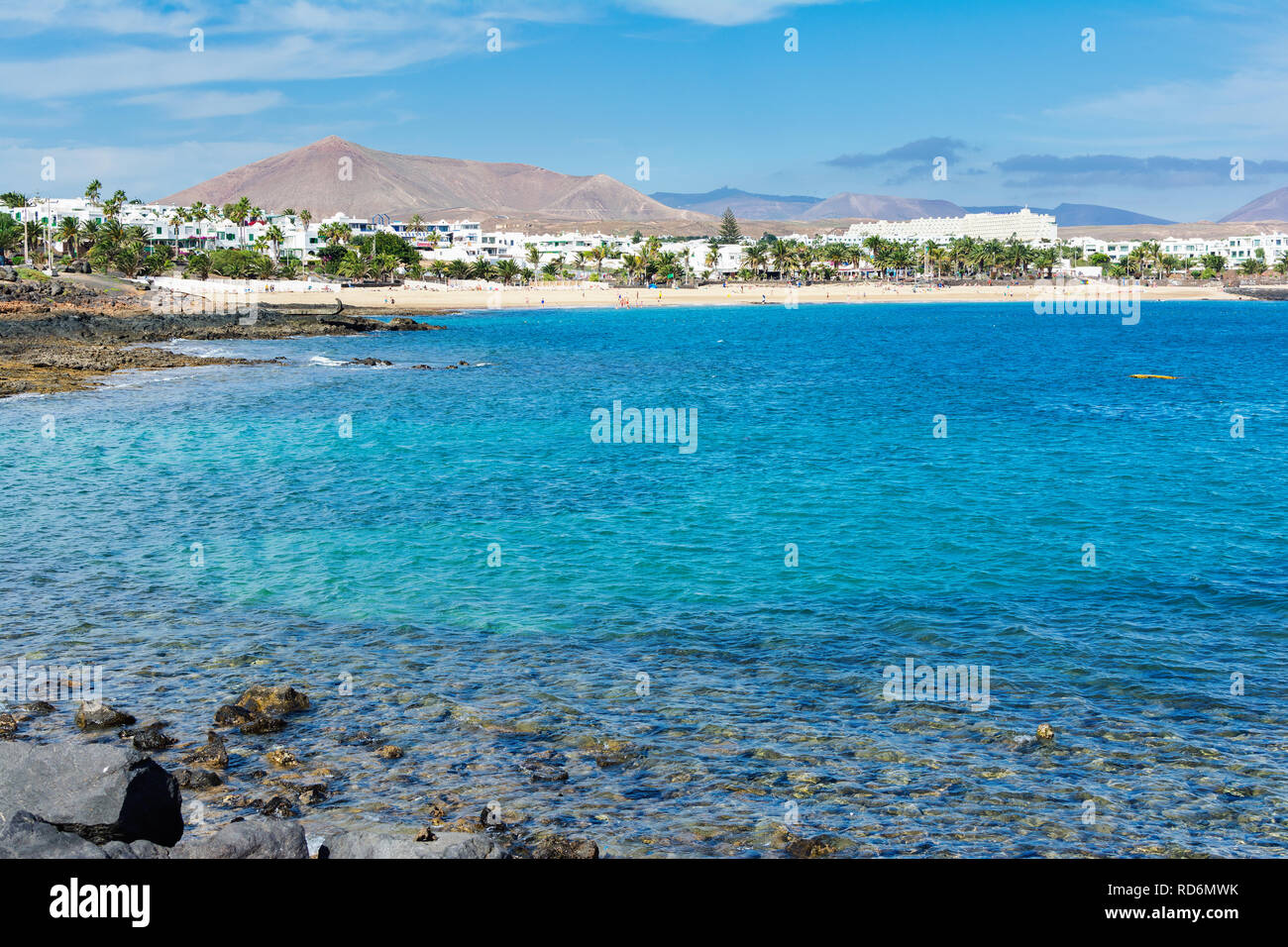View of Playa de las Cucharas beach in Costa Teguise, Lanzarote, Spain, turquoise waters, selective focus Stock Photo