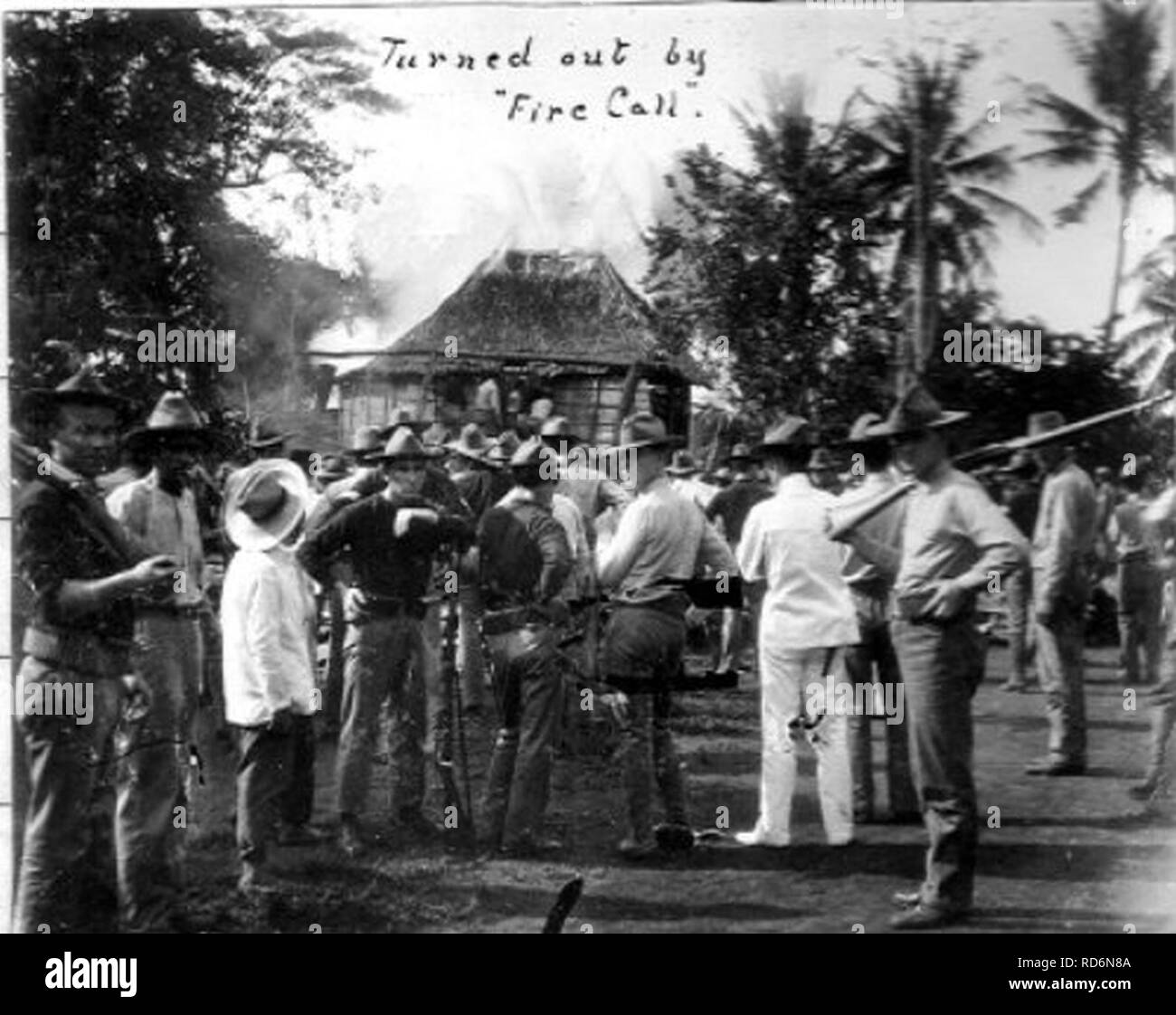 American soldiers in Cagayan de Misamis turned out by firecall circa 1900. Stock Photo