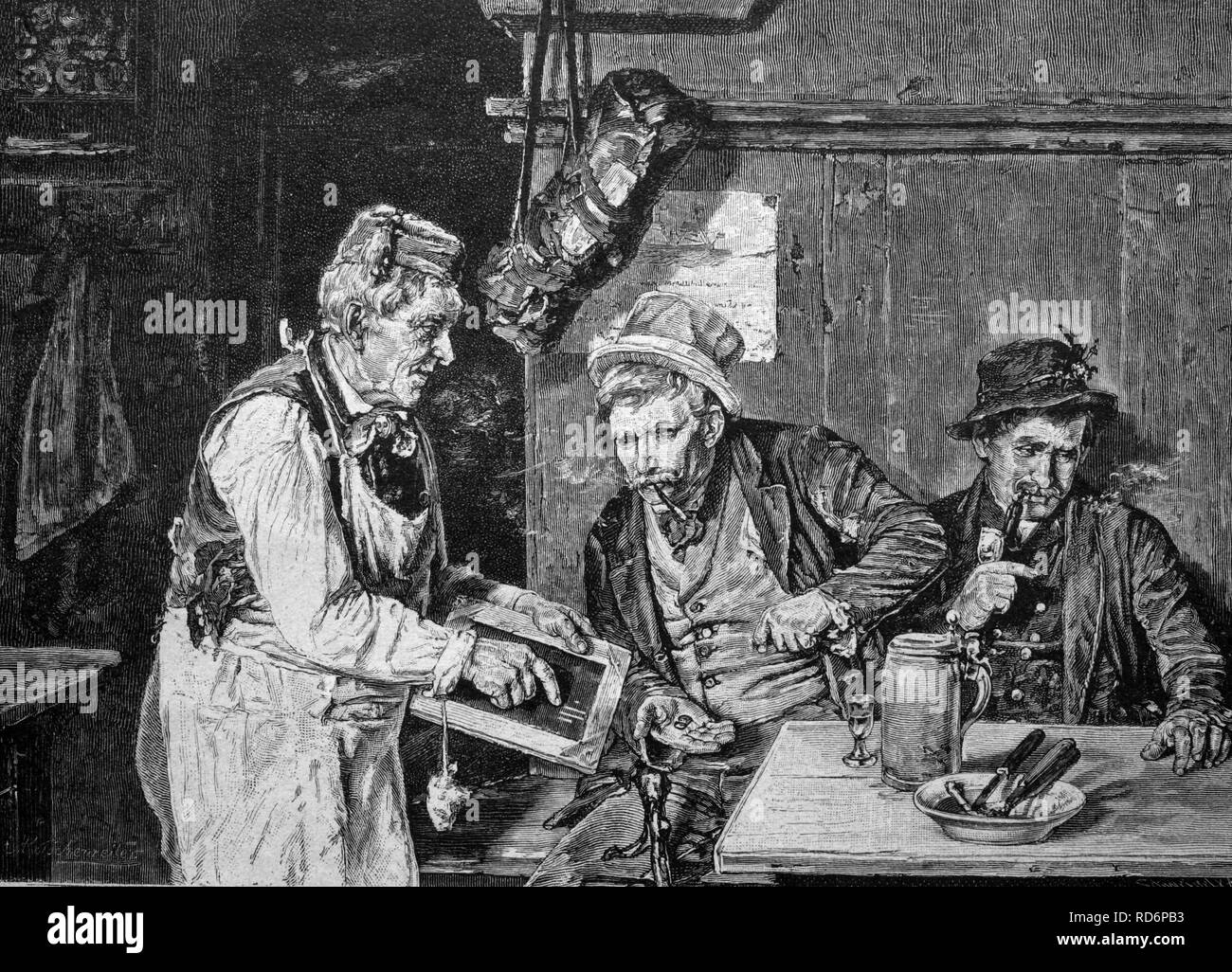 Drinking companions paying off their debts, historical illustration