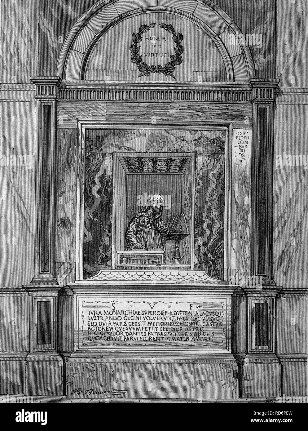 Tomb of Dante Allighieri in the grave chapel in Ravenna, Italy, historical illustration, circa 1886 Stock Photo