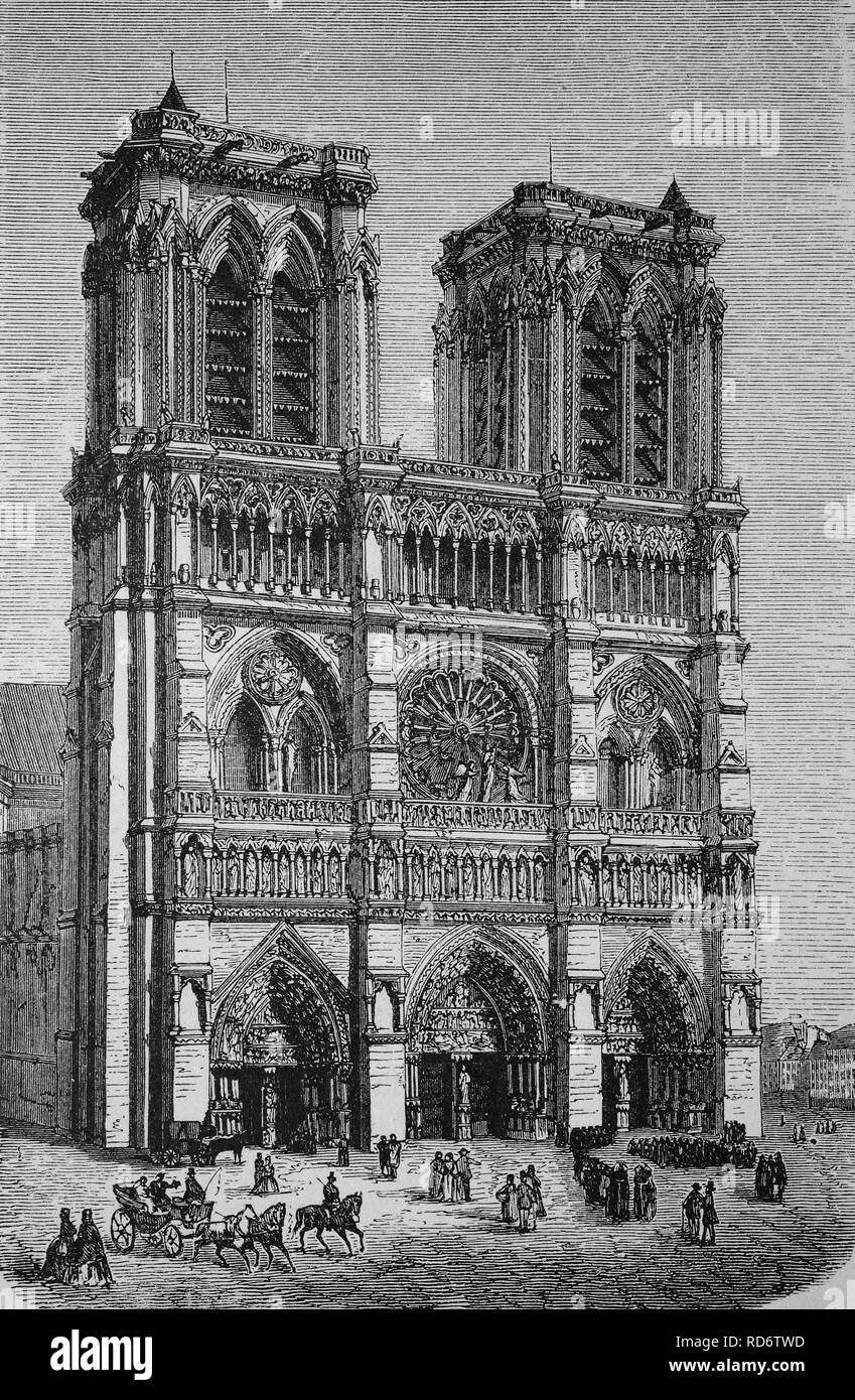 Notre Dame in Paris, France, historic woodcut, 1870 Stock Photo