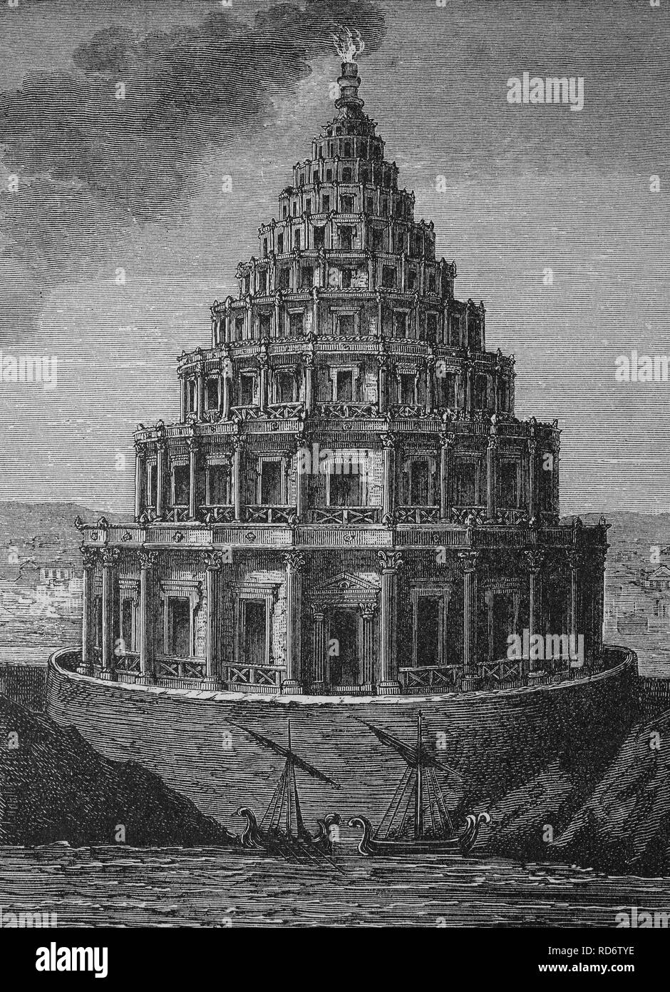 Lighthouse of Pharos, one of the seven wonders of the ancient world, Alexandria, Egypt, historical woodcut, circa 1870 Stock Photo