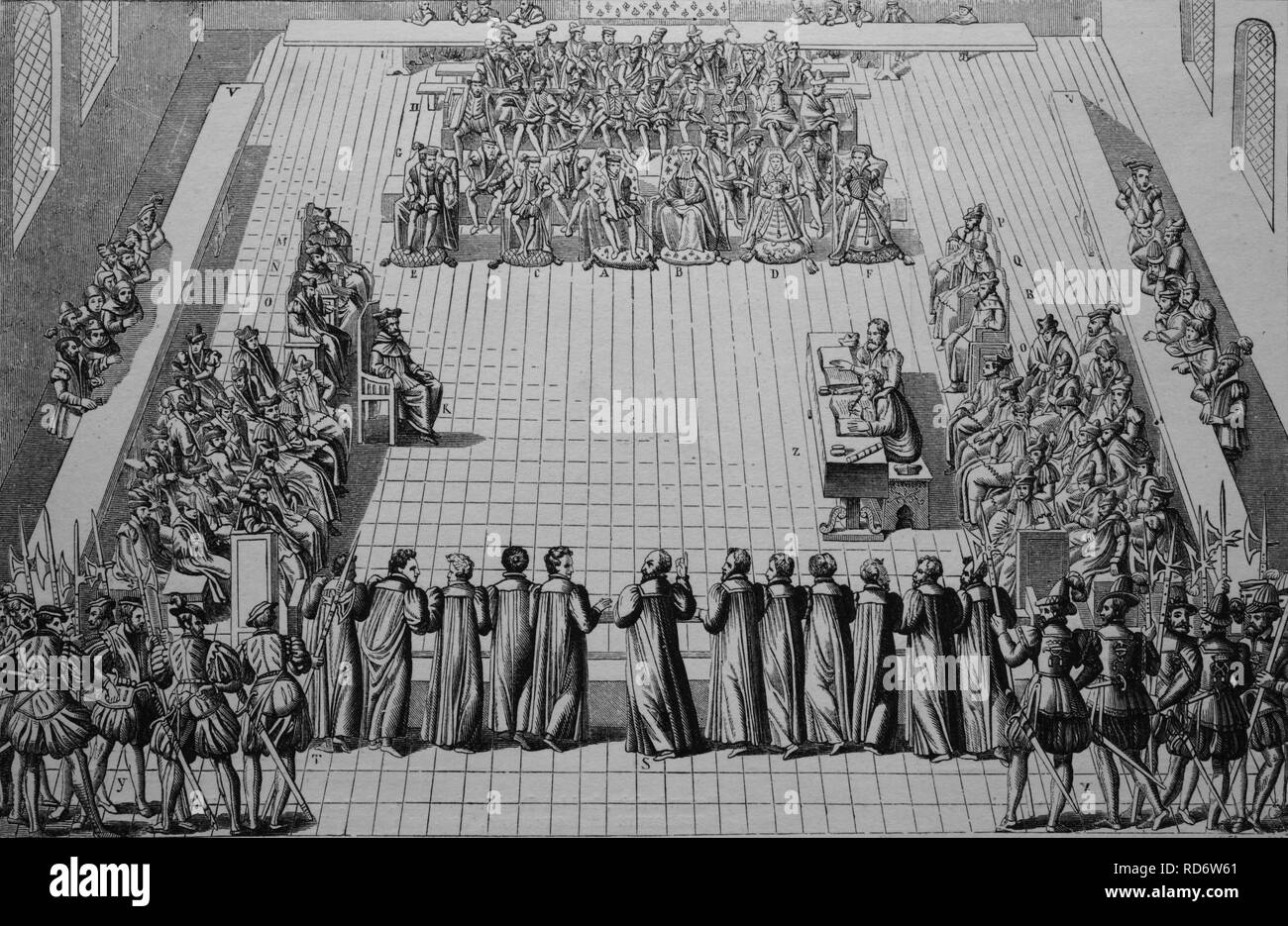 Colloquy at Poissy, a religious conference, 9th December 1561, woodcut from 1880 Stock Photo