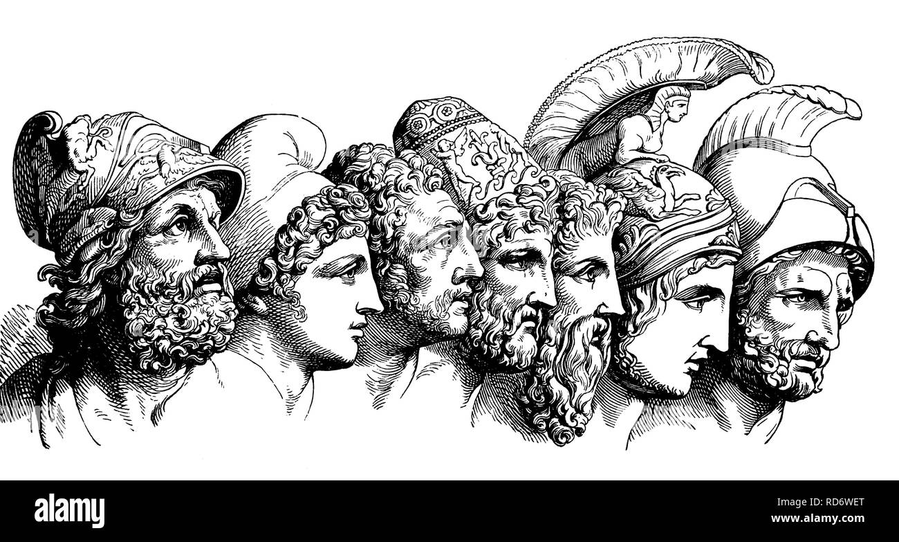 Heros of the Trojan War: Menelaus, Paris, Diomedes, Odysseus, Nestor, Achilles, Agamemnon, woodcut from 1880 Stock Photo