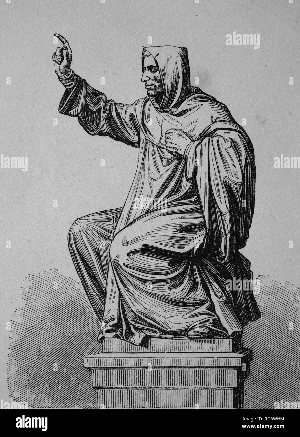 Statue of Girolamo Savonarola, part of the Luther Monument in Worms, Rhineland-Palatinate, Germany, woodcut from 1880 Stock Photo