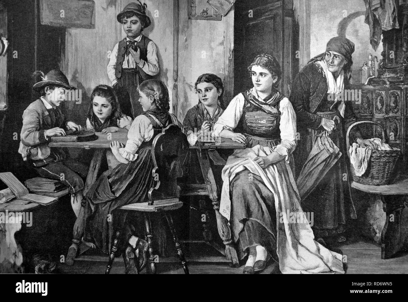 House music with zither, woodcut circa 1871 Stock Photo
