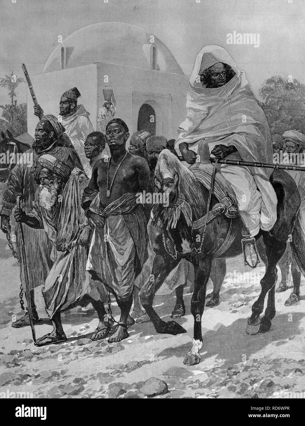 Transport of Moorish prisoners in Morocco, woodcut circa 1871 Stock Photo