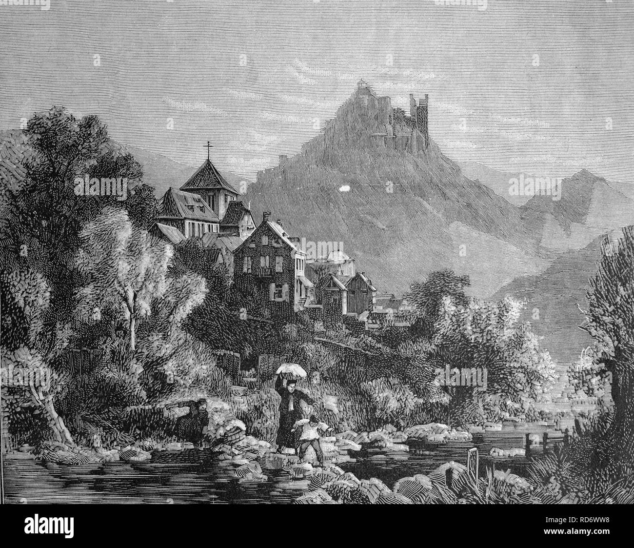 Altenahr, parish church and Are castle ruins, Ahrweiler, Rhineland-Palatinate, Germany, woodcut circa 1871 Stock Photo