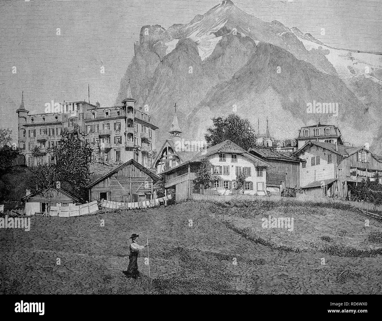 Hotel 'Zum Baeren' and the English Church, Grindelwald, Switzerland, woodcut circa 1871 Stock Photo