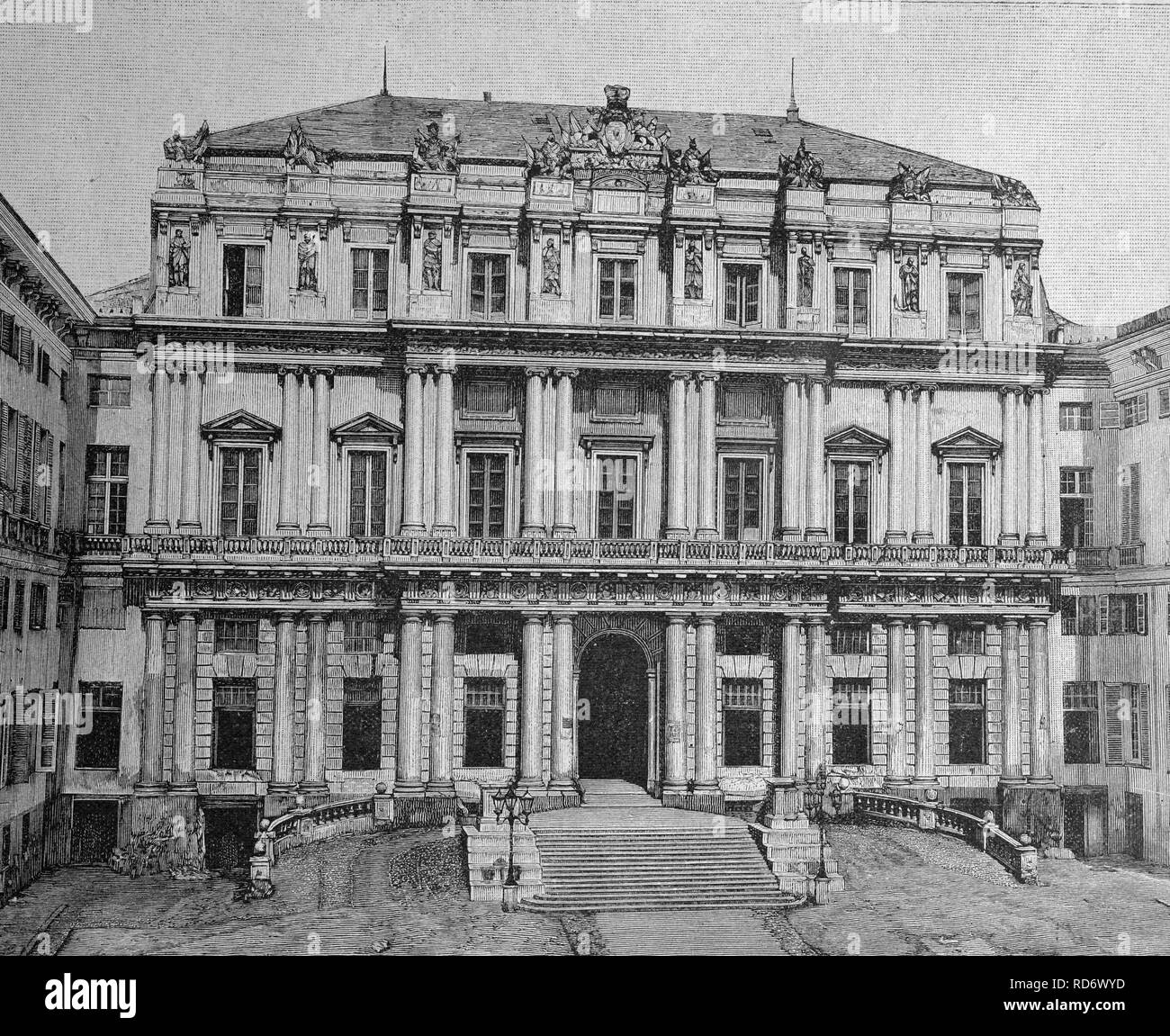 The Palazzo Ducale in Genoa, Italy, woodcut circa 1871 Stock Photo