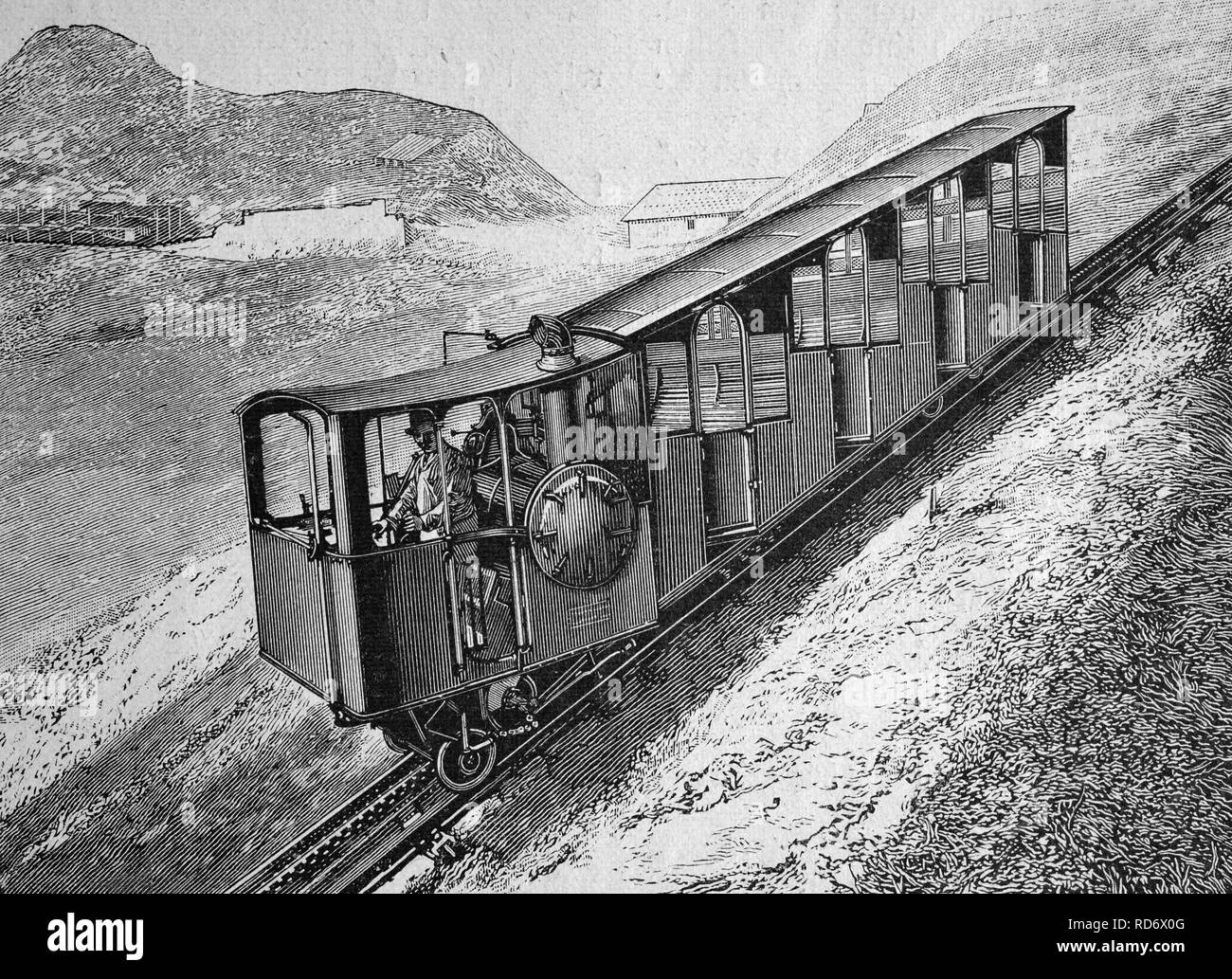 The Pilatusbahn railway, Switzerland, woodcut circa 1871 Stock Photo