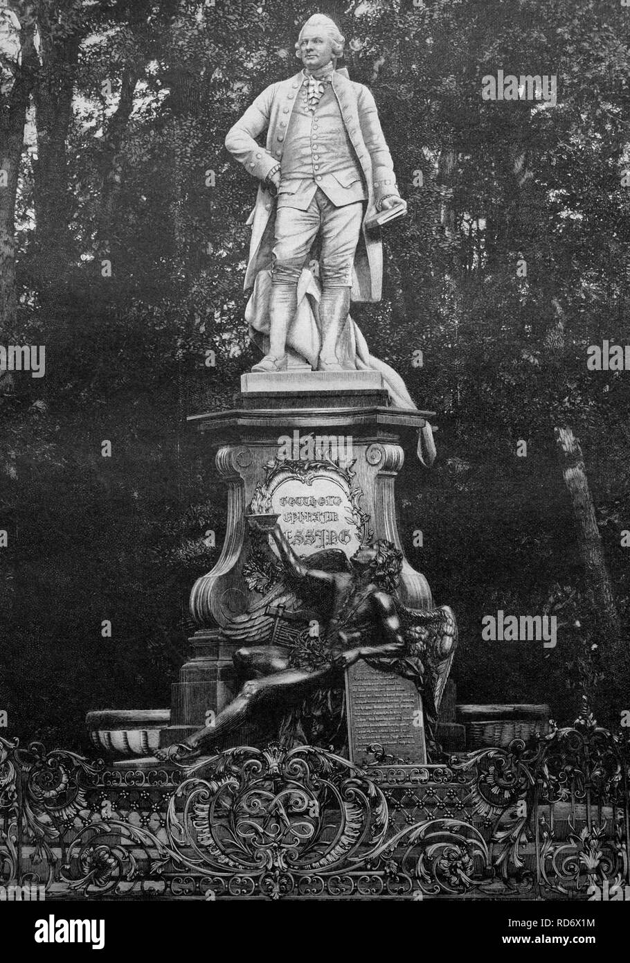 The Lessing monument in Berlin, Germany, woodcut circa 1871 Stock Photo
