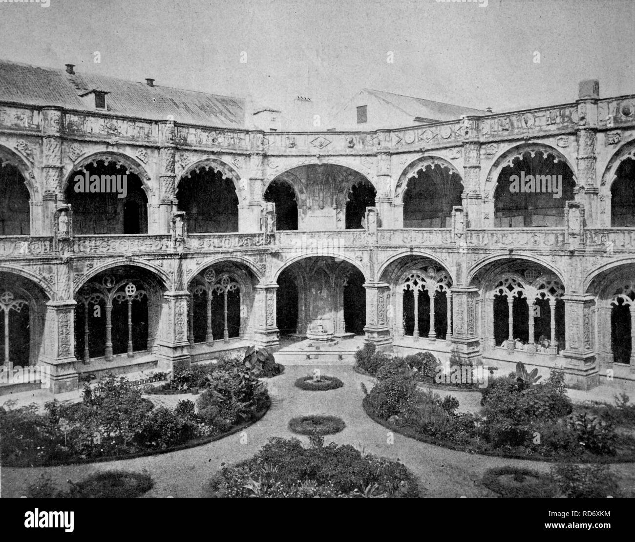 One of the first halftones, cloister of Jerónimos Monastery, Lisbon, Portugal, 1880 Stock Photo