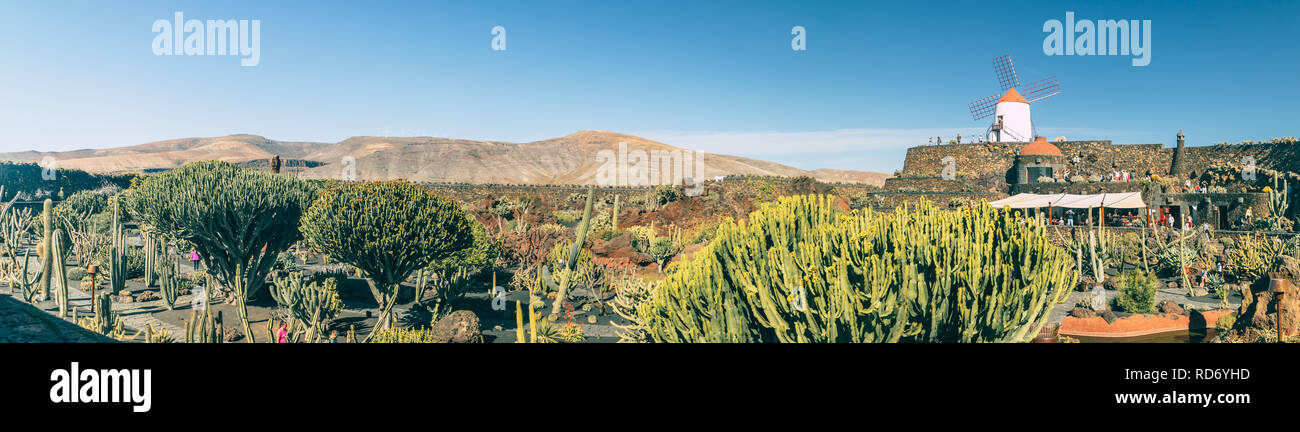 Panorama view of popular Tourists location Jardin de Cactus (Cactus Garden) in Guatiza, Lanzarote, Canary Islands, Las Palmas, Spain Stock Photo