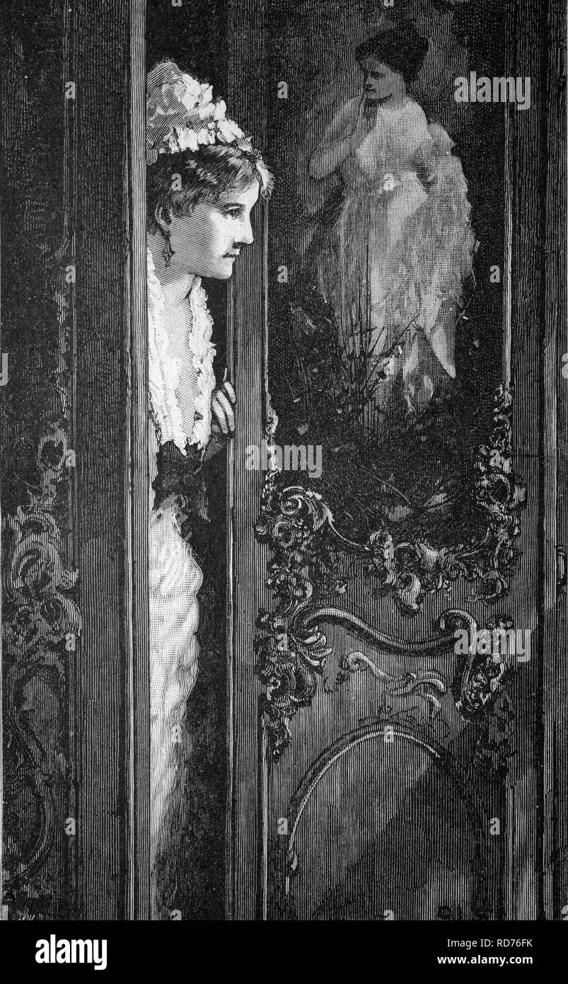 Woman eavesdropping, historical illustration, circa 1886 Stock Photo