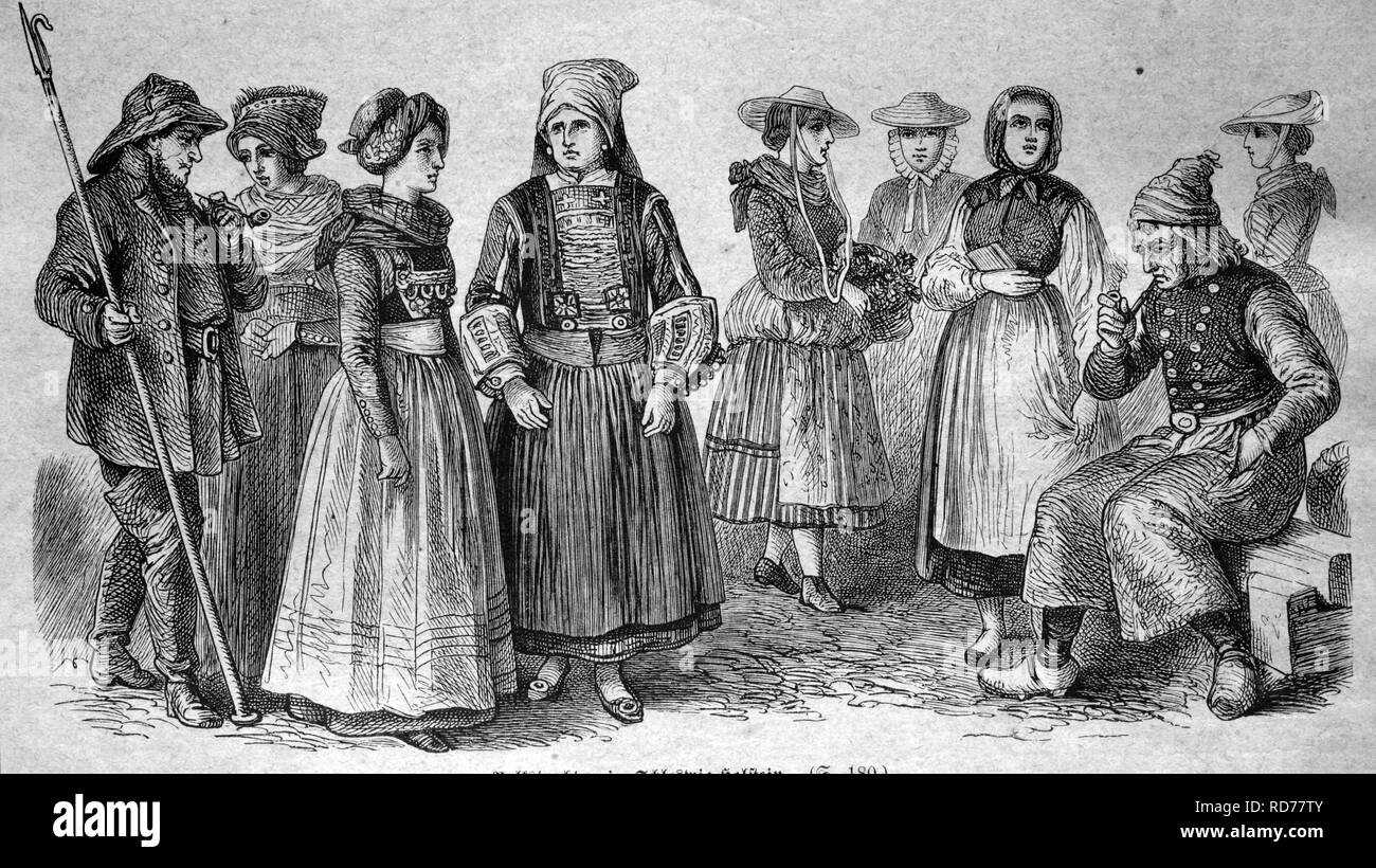 Traditional costumes in Schleswig-Holstein, Germany, historical illustration, circa 1886 Stock Photo