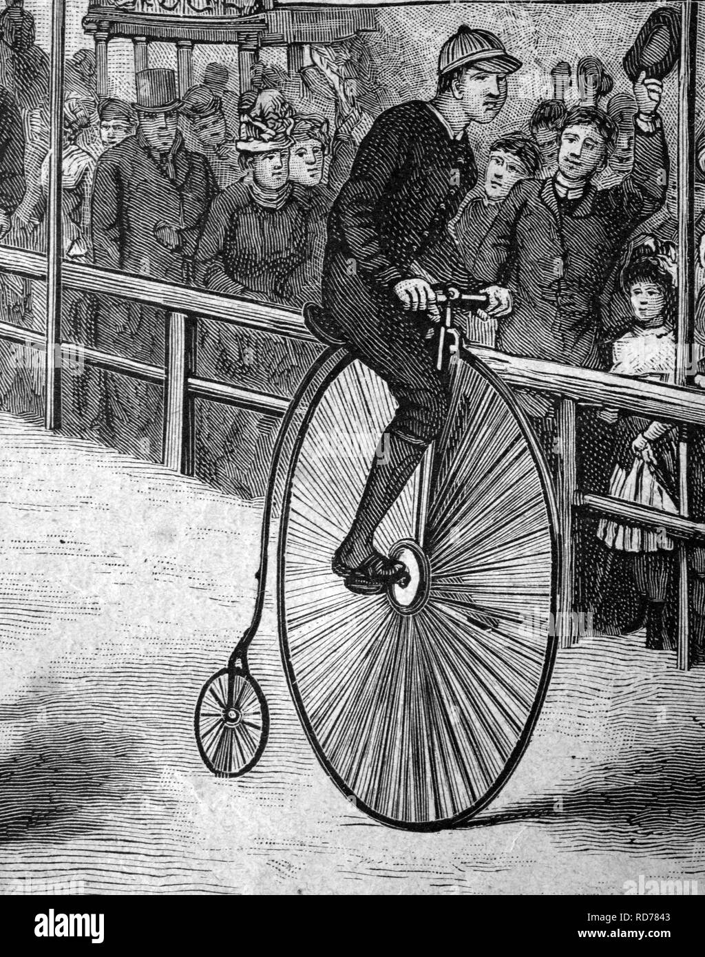 Man riding a Penny Farthing bicycle, historical illustration, circa 1886 Stock Photo