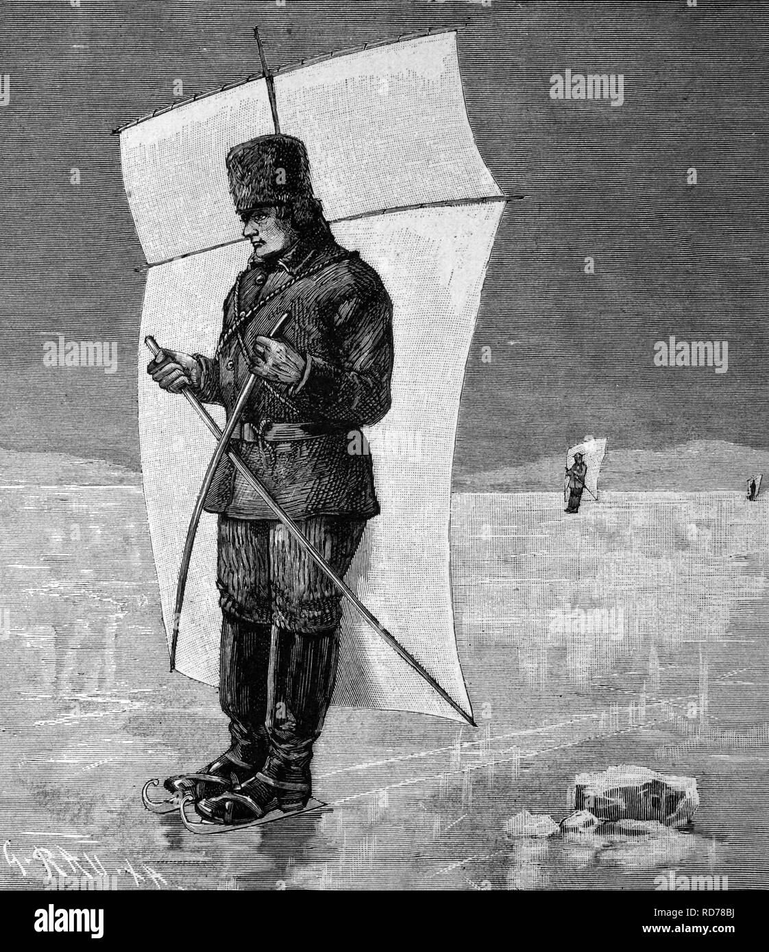 Skat sailing on the frozen Hudson River, North America, historical illustration, circa 1886 Stock Photo