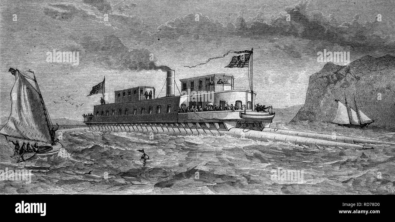 The steam-boat raft of Commodore Boorhis, historical illustration, circa 1886 Stock Photo