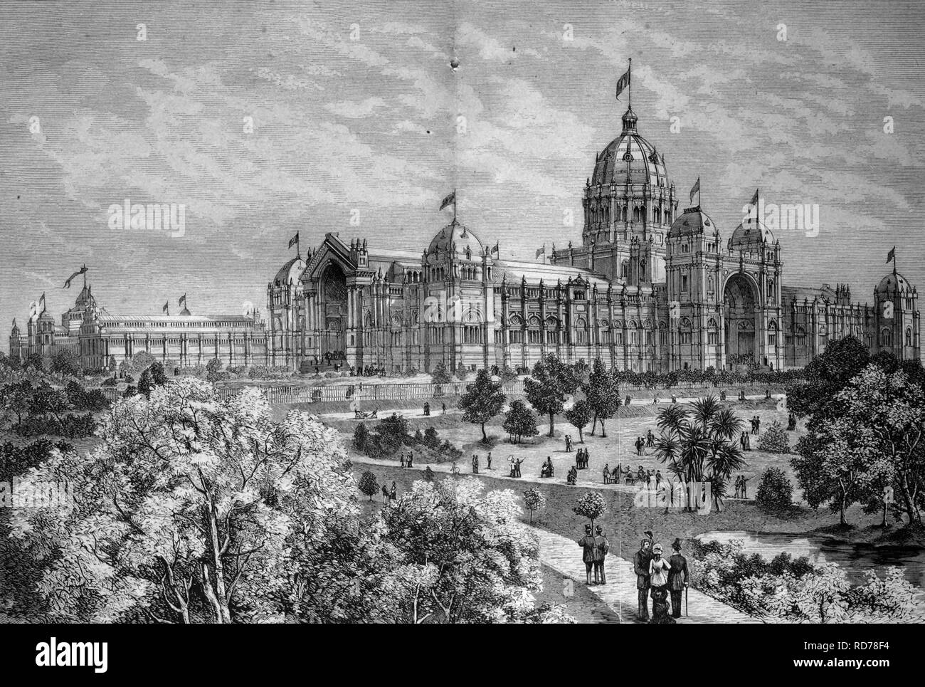 Main building of the World's Fair International Exhibition of Arts, in Melbourne, 1880, Australia, historical illustration Stock Photo