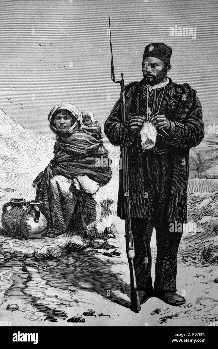 Tunisian soldiers, historical illustration, circa 1886 Stock Photo