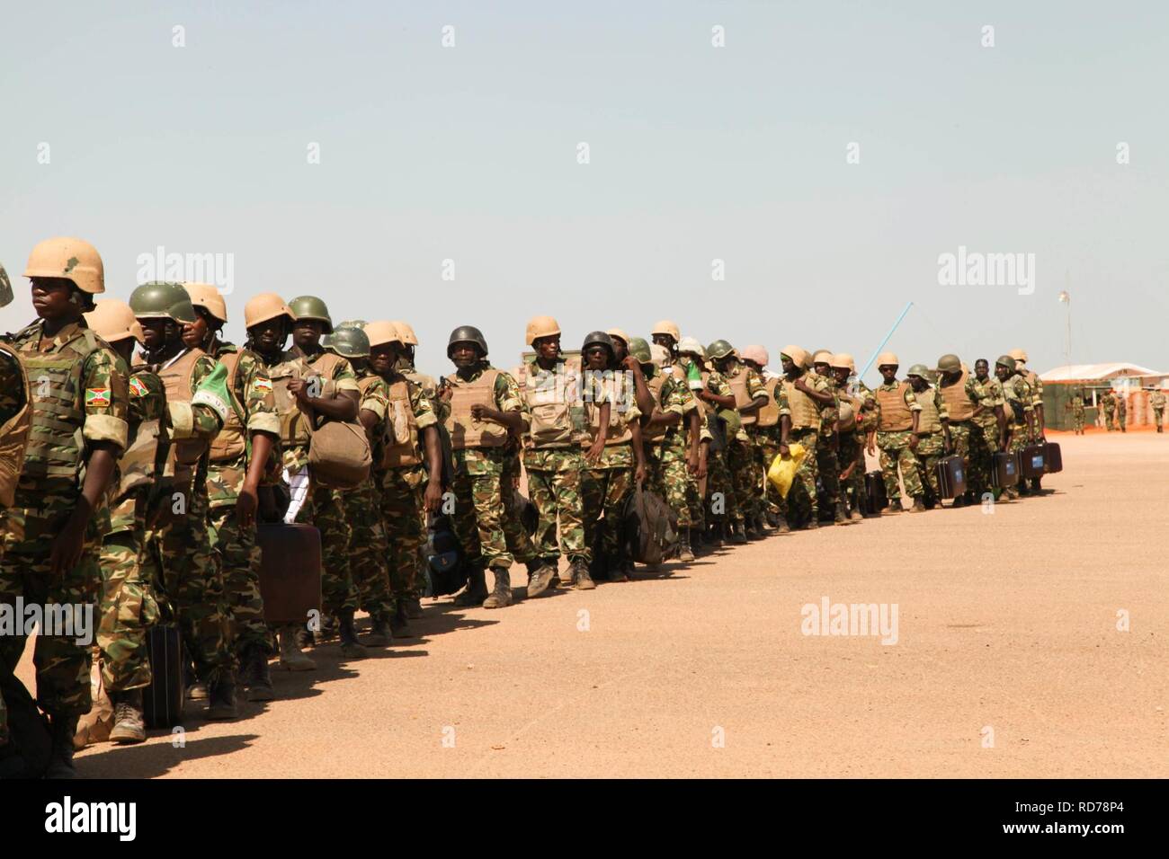 Amisom Burundian 80 contingent of troops depart from Kismayo International Airport for rotation, after serving more than one year in Kismayo, Somalia. On November 17, 2014 Stock Photo