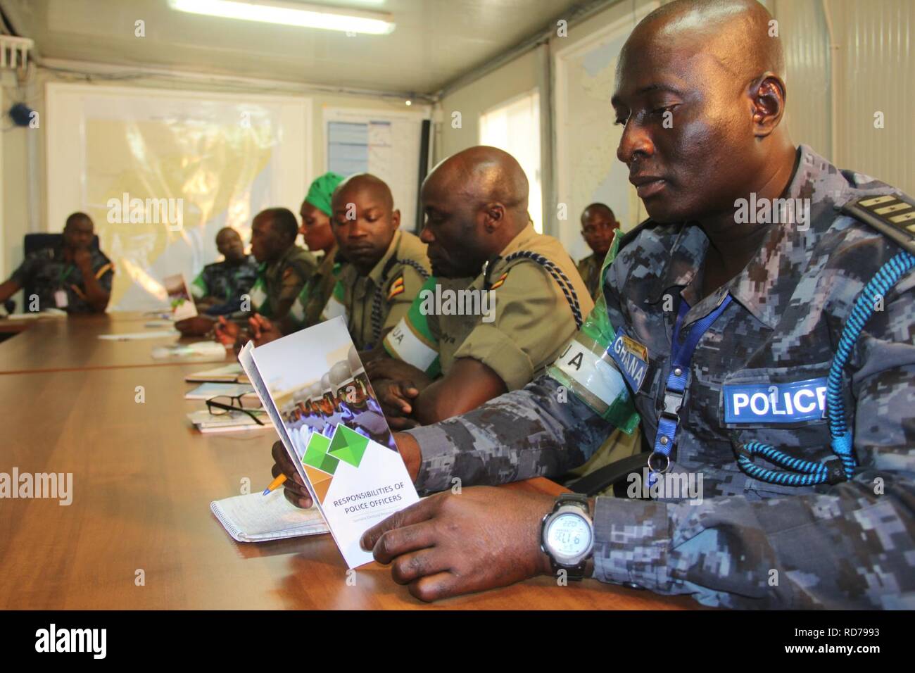 AMISOM Police Officers attending a briefing ahead of their deployment in Adaado and Jowhar to help secure the electoral process. The briefing took place in Mogadishu on October 22, 2016. AMISOM Photo. (29874197263). Stock Photo