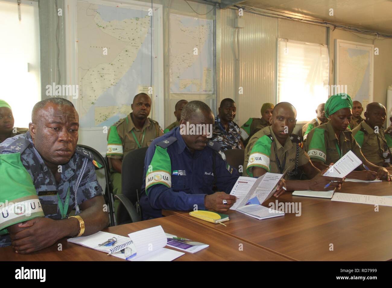 AMISOM Police Officers attending a briefing ahead of their deployment in Adaado and Jowhar to help secure the electoral process. The briefing took place in Mogadishu on October 22, 2016. AMISOM Photo. (29874199423). Stock Photo