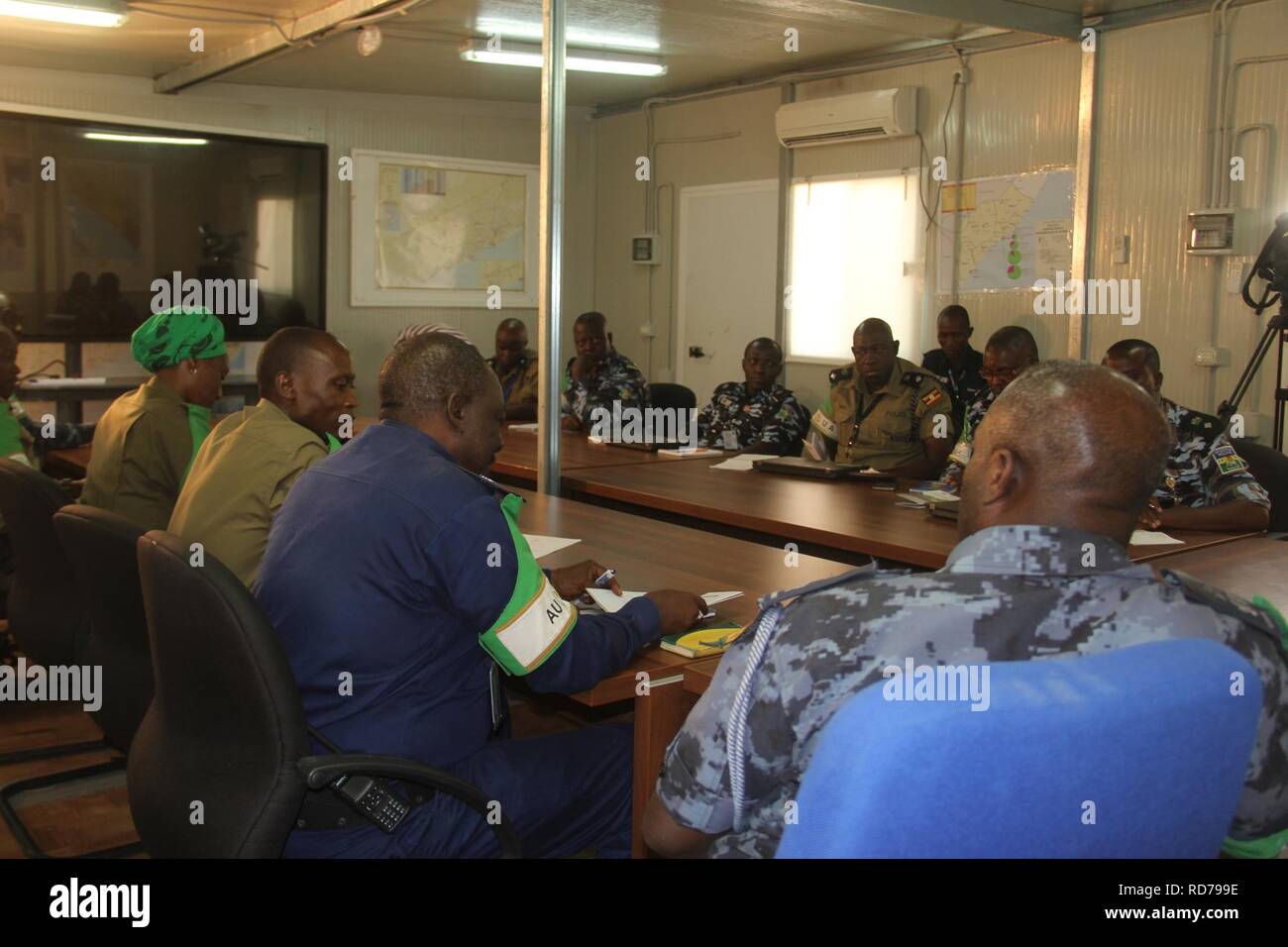 AMISOM Police Officers attending a briefing ahead of their deployment in Adaado and Jowhar to help secure the electoral process. The briefing took place in Mogadishu on October 22, 2016. AMISOM Photo. (30506280955). Stock Photo