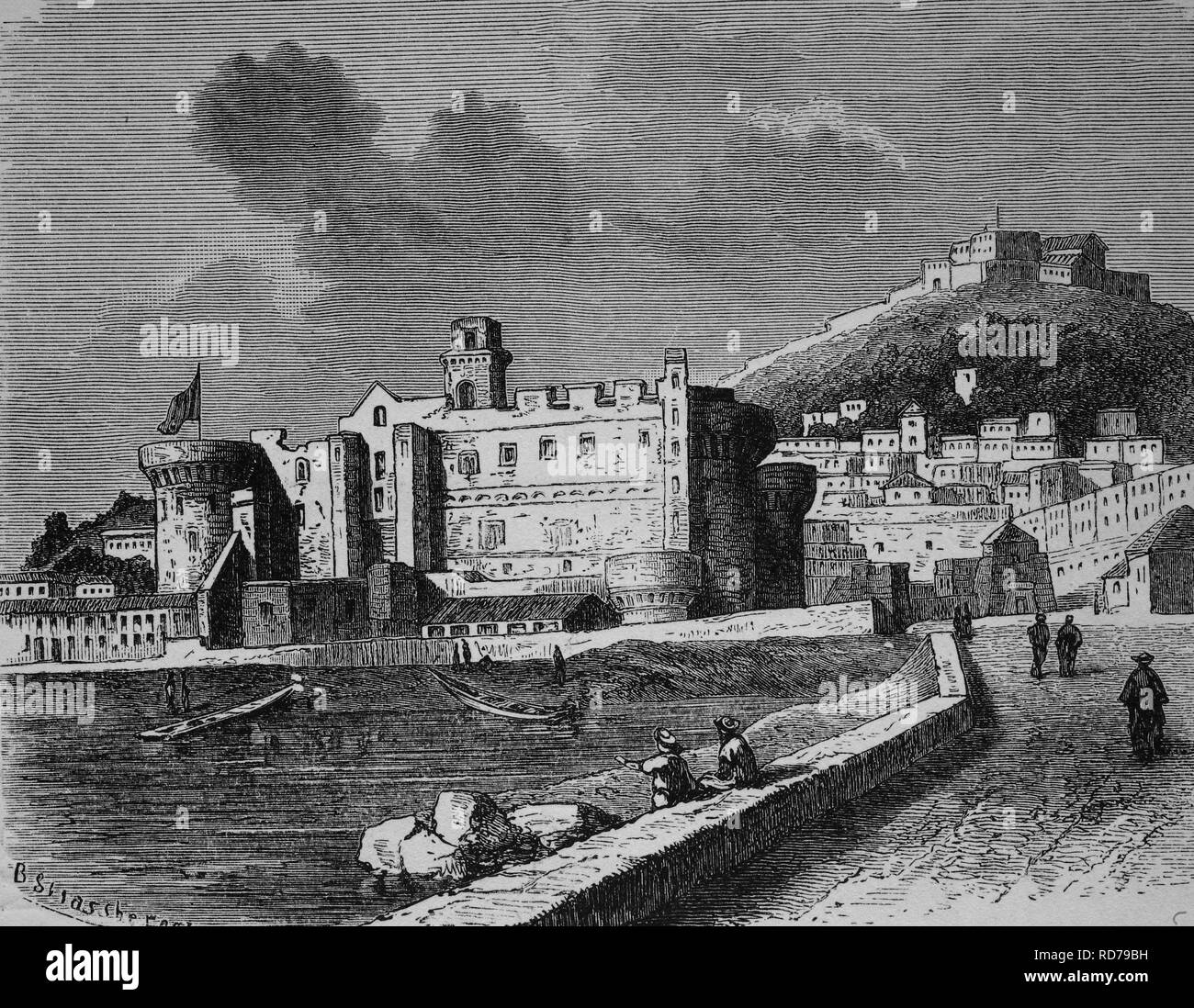 Castel Nuovo in Naples, Italy, historical woodcut, 1870 Stock Photo