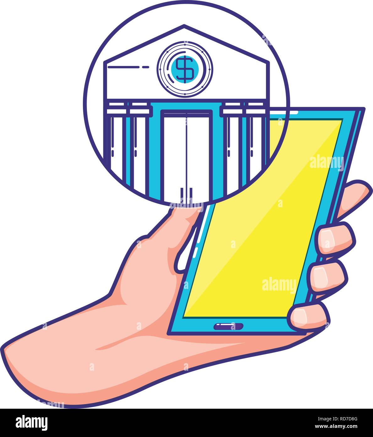 hand using smartphone with bank building vector illustration design ...