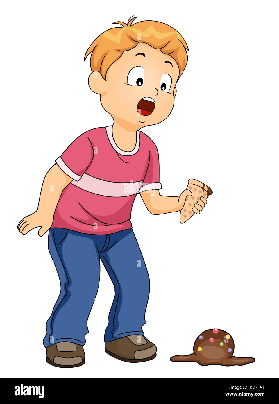 Illustration of a Clumsy Kid Boy Dropping His Ice Cream on the Floor and Left Holding the Cone Stock Photo