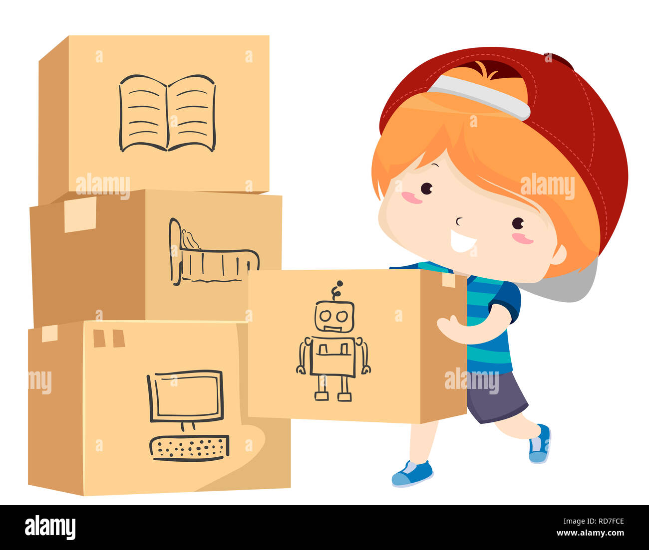 Illustration of a Kid Boy Moving Boxes Full of His Things with Labels