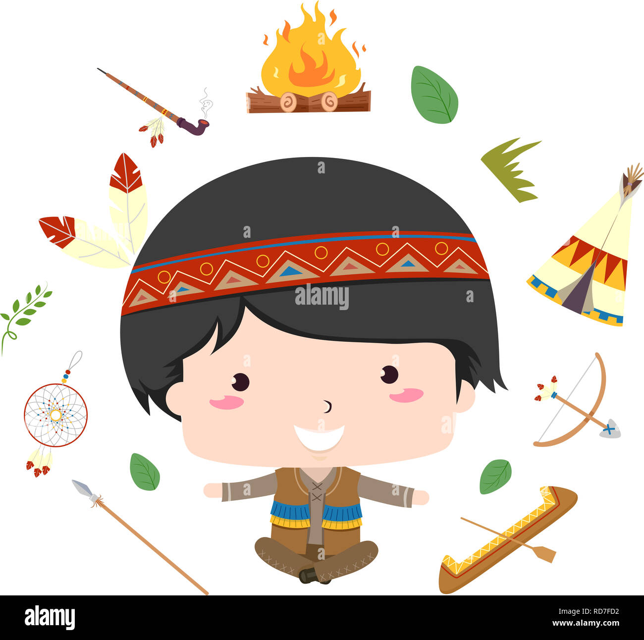 Illustration of a Native American Kid Boy Showing Different Elements from Bonfire, Pipe, Tipi, Spear, Canoe, Bow and Arrow Stock Photo
