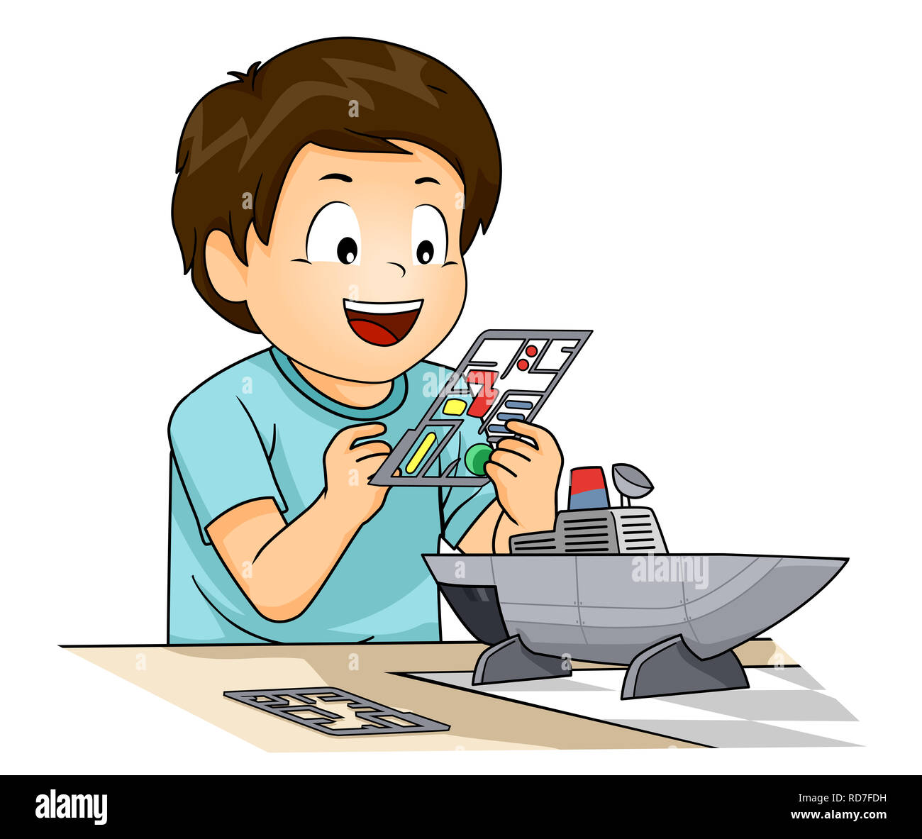 Illustration of a Kid Boy Making a Plastic Boat Model Stock Photo