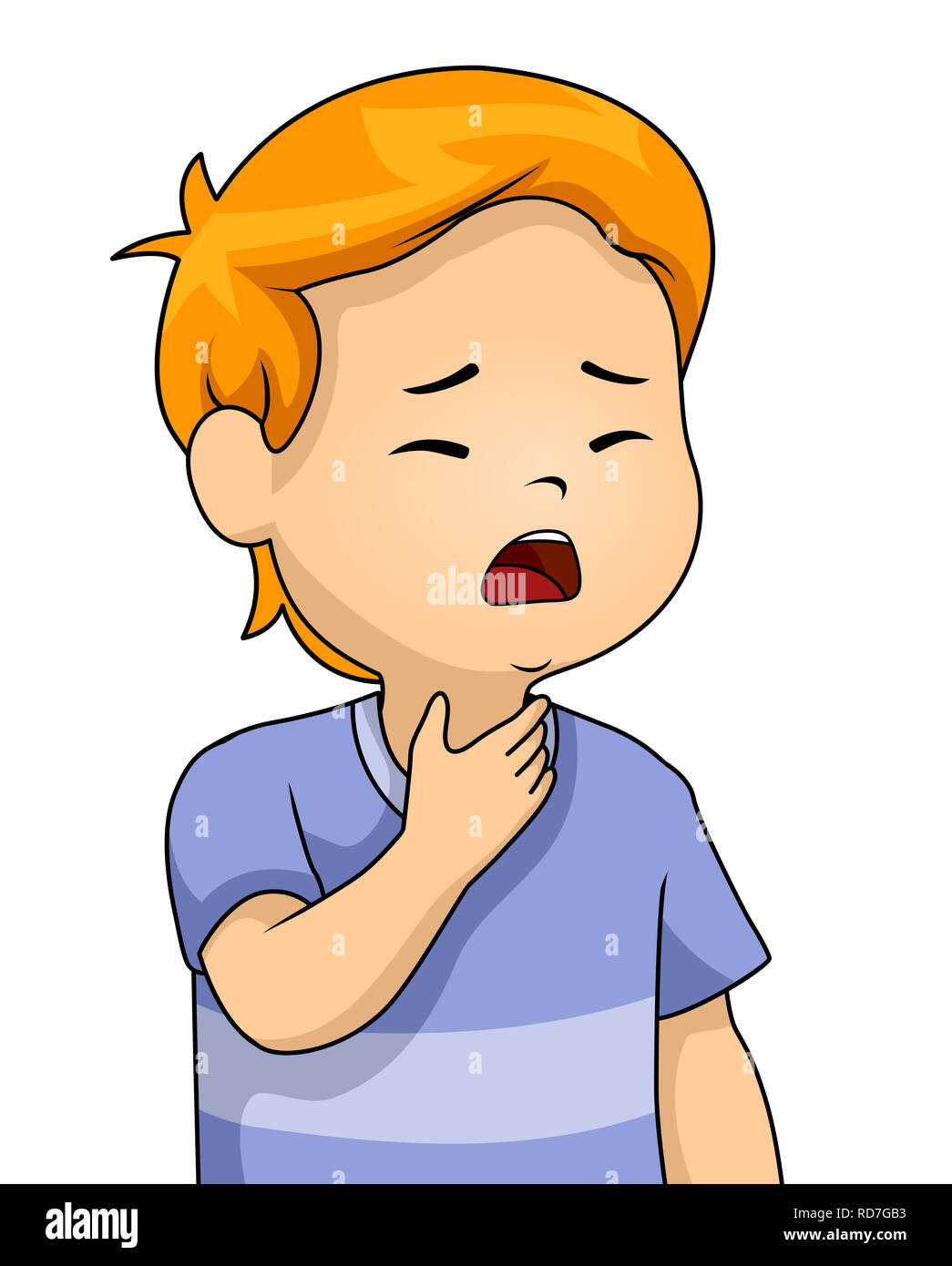 Illustration of a Kid Boy Holding His Itchy and Sore Throat Stock Photo