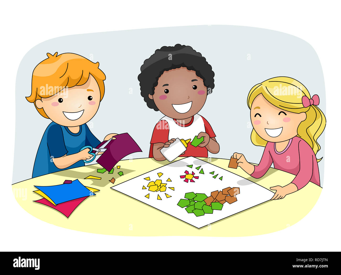 Illustration of Kids Creating Mosaic Artwork from Geometric Shapes Cut