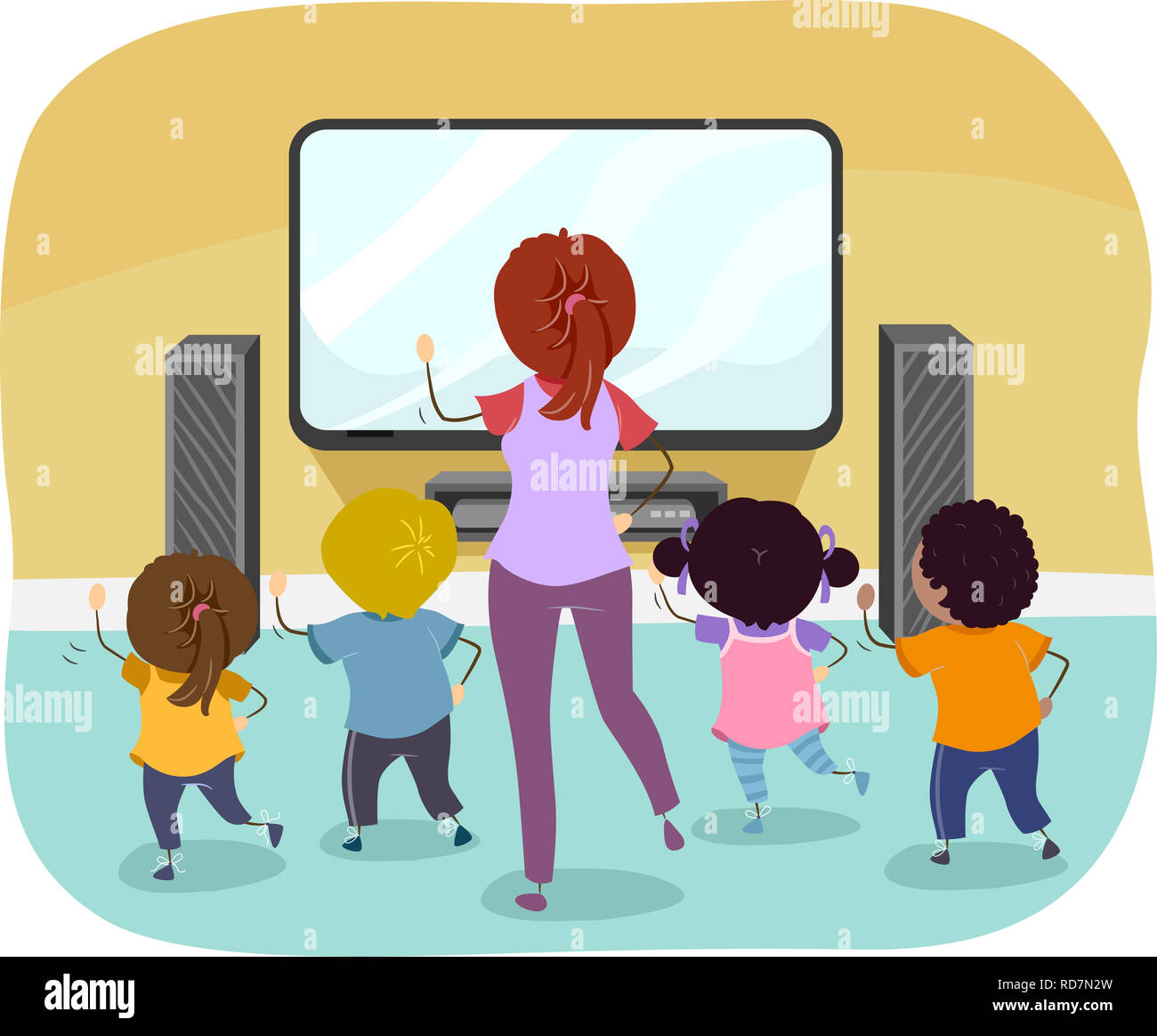Illustration of Stickman Kids and Teacher Following Exercise Games on